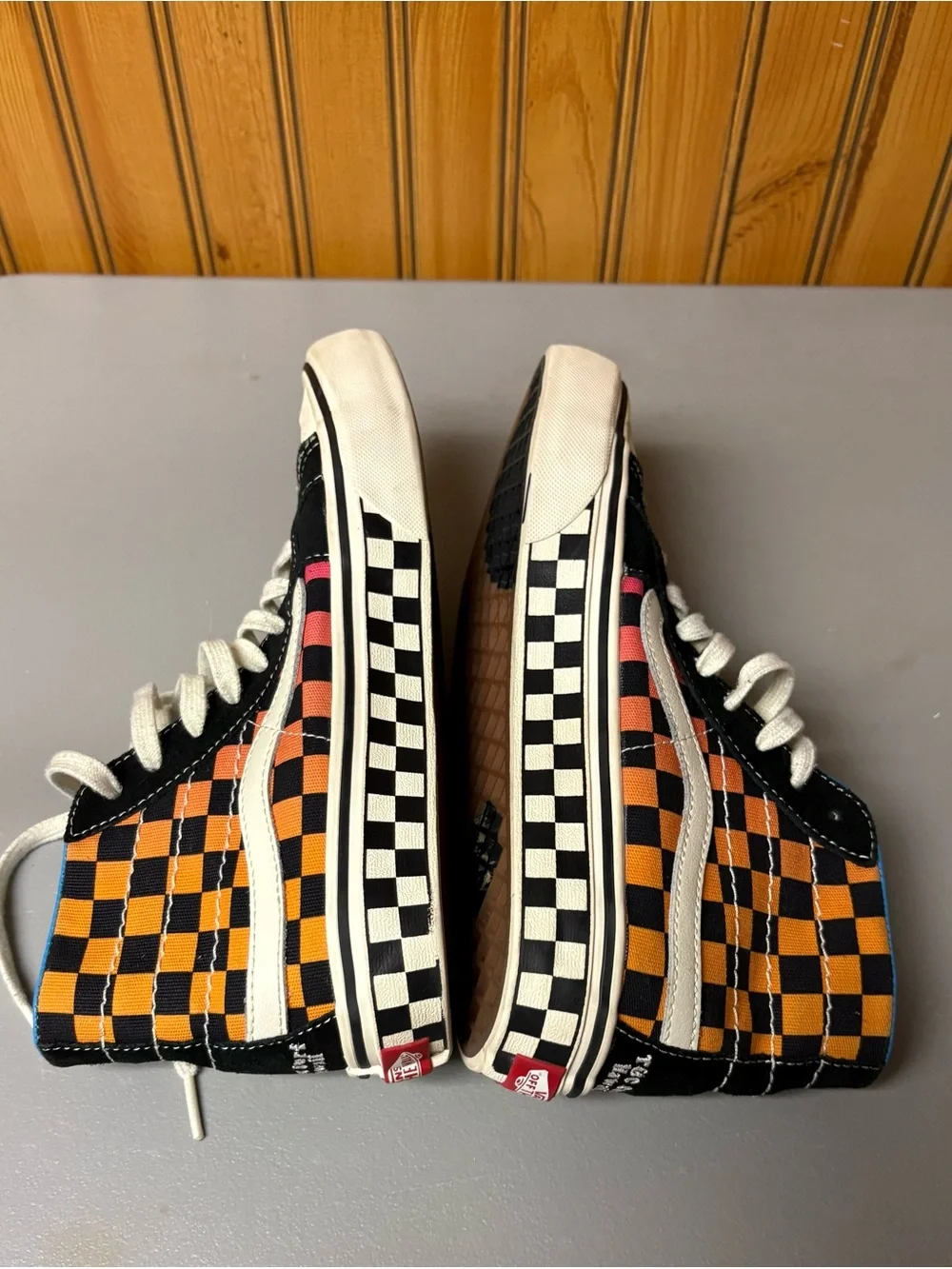 Vans Checkerboard High-Top Sneakers — Black, Orange, Pink, White